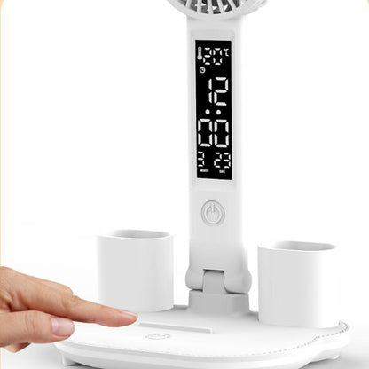 3-in-1 Multifunction LED Table Lamp - Four-Headed Folding Design with Fan, Calendar, Clock, USB Rechargeable Desk Light, and 3-Color Reading Lamp